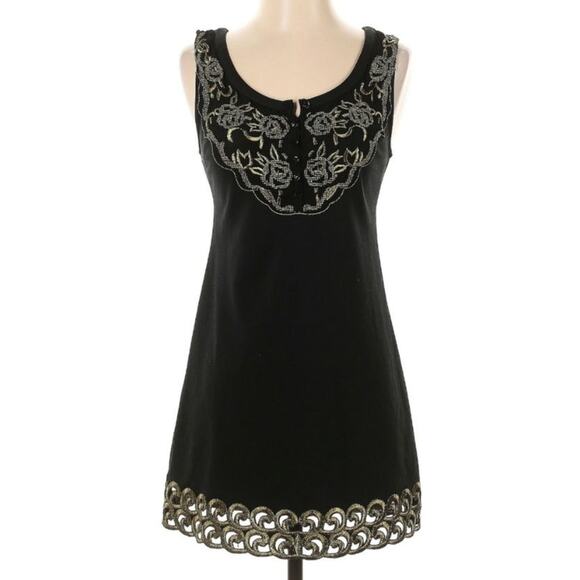 Free People Vintage Gold Trim Embroidered Size 0 Mini Black Dress - Picture 1 of 4